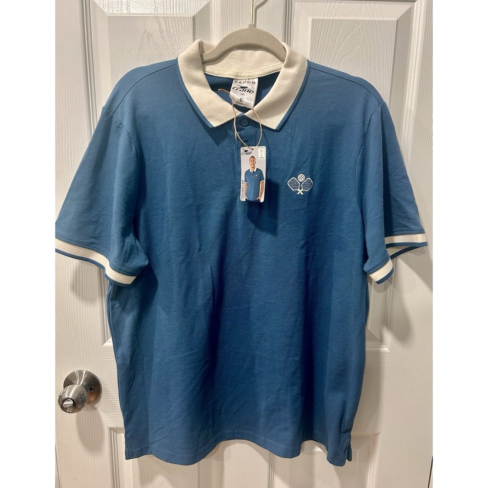 Crane Men's Pickle Ball Top Blue Pique Knit Polo Shirt Size Large